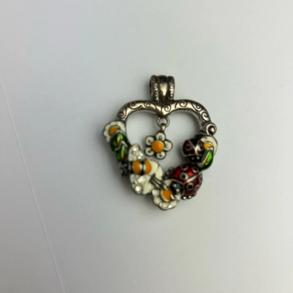 Brighton Garden Heart Pendant Enamel Flowers Ladybug Silver Tone, Key Fob